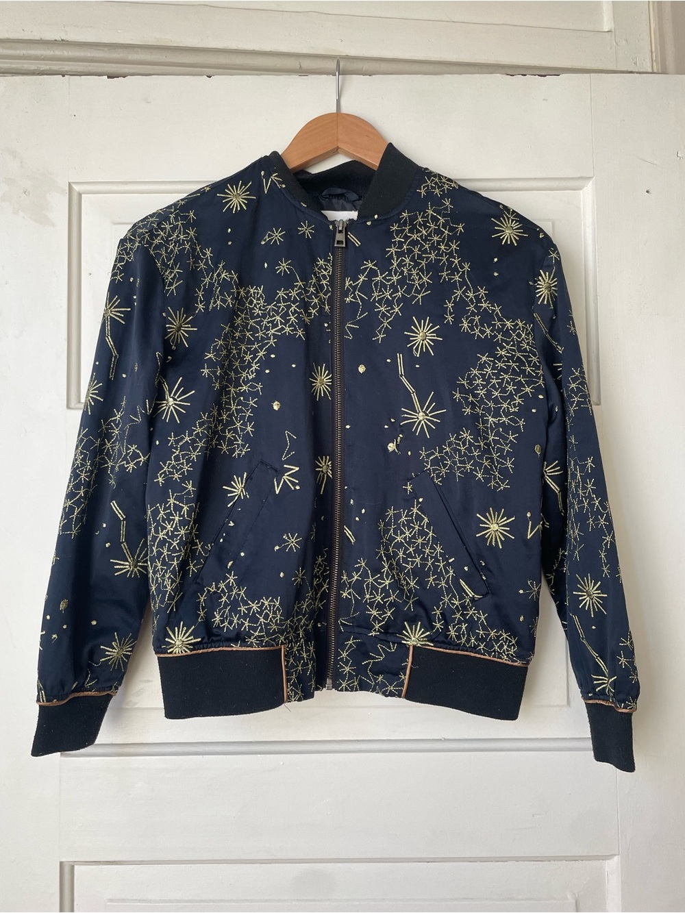 silence + noise Navy Bomber Jacket with Gold Starburst Print